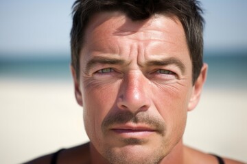 Obraz premium closeup of a man looking at the camera while sitting on the beach