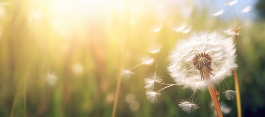 A close-up photograph of a dandelion blowball in its full, fluffy glory, ready to disperse its seeds into the breeze on a sunny summer day.