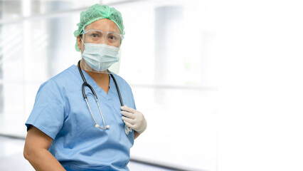 Asian doctor wearing face shield and PPE suit new normal to check patient protect safety infection...
