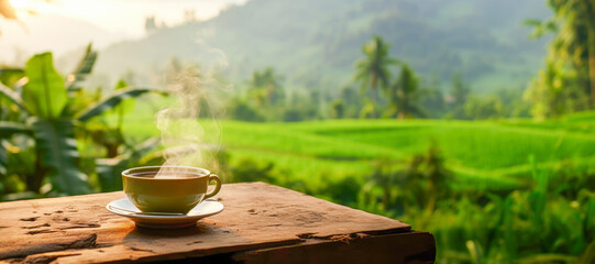 Breakfast Brew: A steamy cup of tea or coffee in a brown mug awakens the senses, offering a comforting start to the morning.