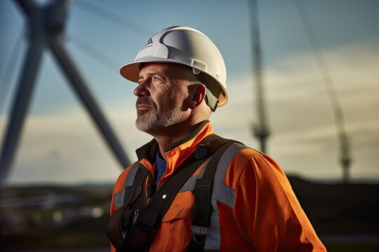 Portrait of a worker in a helmet with wind power station background.