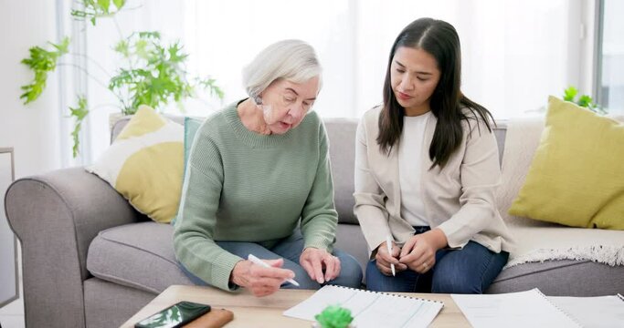 Finance, woman and senior with signature on documents for life insurance, mortgage loan or retirement investment on sofa in home. Accounting, people and financial budget for asset management or tax