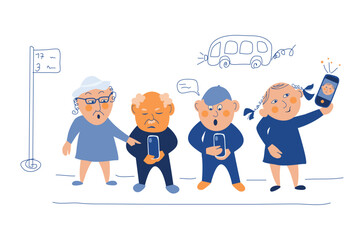 Dependence on social networks and the Internet.People with phones are waiting for bus.Cartoon Vector illustration