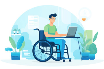 A person uses a wheelchair to navigate while working on a laptop, embracing electronic tools for education and business in a virtual office setting.