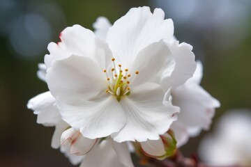 closeup of a white japanese cherry blossom flower in the spring