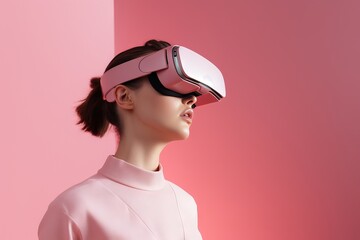  woman is wearing a virtual reality headset, energetic futurism