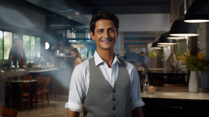 Fototapeta premium Gracious Cafeteria Supervisor Extending a Warm Welcome to Hungry Patrons.
