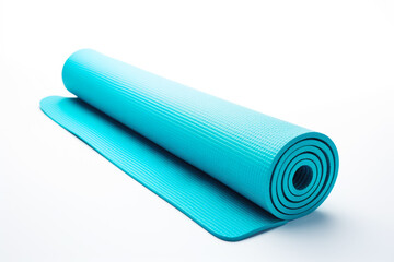 A rolled-up yoga mat, a symbol of fitness and well-being, stands isolated against a clean white background, ready for a rejuvenating session of exercise.