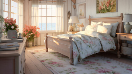 English Cottage Bedroom: Charming Decor, Holiday Rental, Elegant Linens, Antique Furniture, Farmhouse Style.