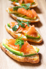 Smoked salmon with cream cheese and avocado slide on fresh croissants.
