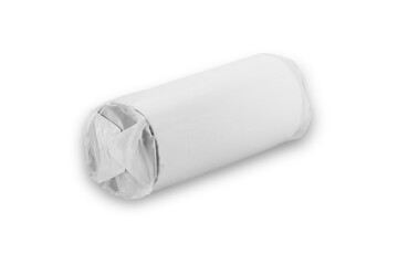 Blank empty package of round biscuit cookies mockup isolated on white background. 3d rendering. Template of cylindrical package for biscuits or cookies, , wrapped with white paper.