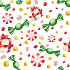 Watercolor seamless pattern with christmas candies illustrations. New year hand painting lollipops isolated on white background. For designers, food decoration, menu, 