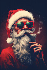 Santa Claus smoking a cannabis joint. Christmas concept art. Illustrated poster design. Generative Ai - obrazy, fototapety, plakaty