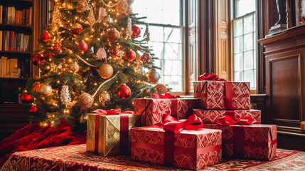 Christmas gifts, happy holidays and holiday celebration, wrapped gift boxes, presents and decorated Christmas tree, generative ai