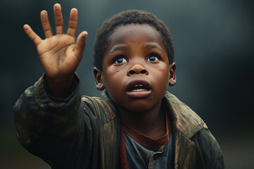Little frightened poor beggar African American boy put his hand forward - obrazy, fototapety, plakaty
