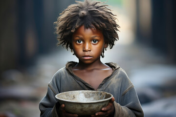 African poor hungry orphan boy with empty bowl asking for food - obrazy, fototapety, plakaty