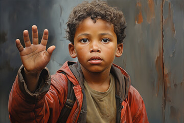 Little frightened poor beggar African American boy put his hand forward - obrazy, fototapety, plakaty