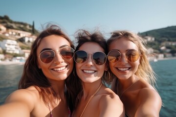 travel, friends and women selfie on holiday trip for adventure, freedom and summer