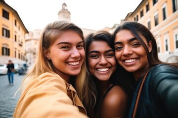 Fototapeta premium happy, travel and friends with a phone for a selfie or social media post in rome