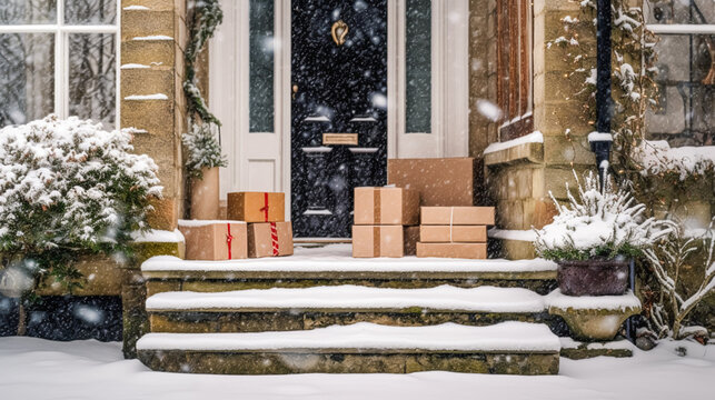 Christmas gifts delivery, postal service and holiday presents online shopping, wrapped parcel boxes on a country house doorstep in a snowing winter, generative ai