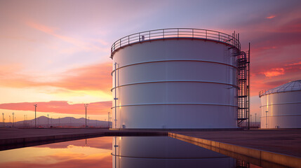 A prominent oil storage tank complemented by lights and a vivid blue sky.