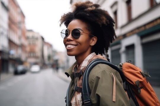 Travel, Walking And A Black Woman In City Happy With Bonding And Freedom On Adventure