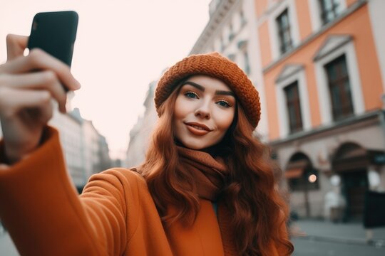 woman, phone selfie and city for holiday travel in the social media app to blog about urban adventure