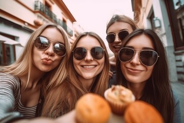 friends, selfie and woman with food in city for travel, vacation or holiday
