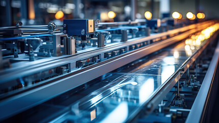 A linear assembly line in an industrial technology factory exemplifies the production concept.