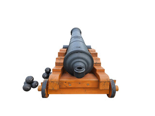 Antique cannon with cannonballs on a transparent background