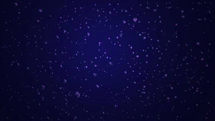 Christmas snowfall on starry night sky in soft purple light. Dark abstract background