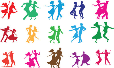 Vibrant dance couple silhouettes in various dynamic poses. Perfect for dance studios, party invitations, or music event posters. Captures the energy and passion of ballroom, swing,l atin dance styles