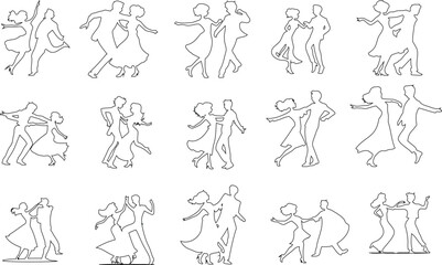 Dancing Couple Line Art vector illustration featuring diverse pairs of dancers in various dynamic poses. This unique, artwork is perfect for projects related to dance, performance, and art