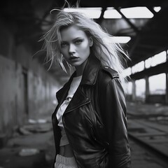 A female model at a fashion shoot in a desolate urban environment