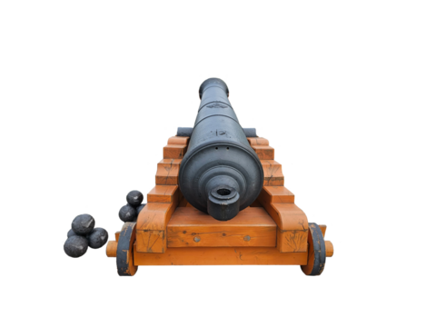 Antique cannon with cannonballs on a transparent background