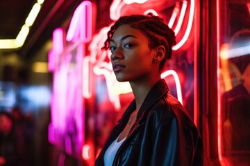 shot of a young woman standing in front of an electro neon sign