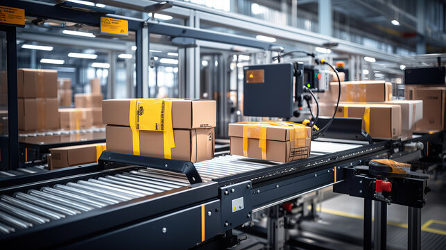 A conveyor belt in the manufacturing warehouse facilitates the smooth movement of packed items.