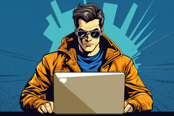 An elusive hacker, shrouded in mystery dressed in a hoodie and sunglasses,  sits intently before a laptop, diving deep into the digital realm, all set against a vivid retro comic backdrop.