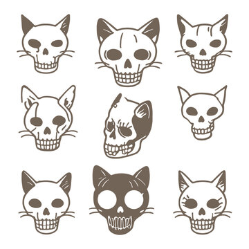 set cat Halloween kitten skull bone skeleton symbol cartoon icon logo