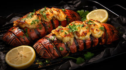 Grilled lobster tails are presented on a baking pan, garnished with lemon slices and parsley.