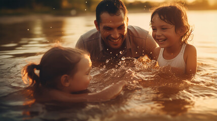 A family playing in a water. 