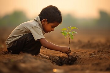 Indian child planting a sapling