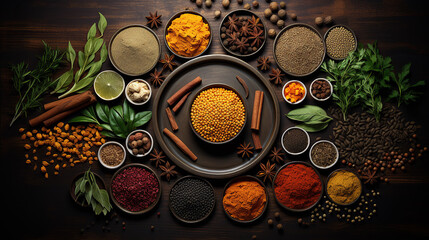 A dark background highlights spoons containing diverse herbs and spices.