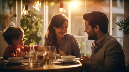 A happy family eating dinner together in a house. 