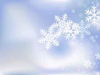 Naklejka na ściany i meble Fantasy heavy snowflakes wallpaper. Winter speck ice shapes. Snowfall sky white blue pattern. Swirling snowflakes christmas theme. Snow nature scenery.