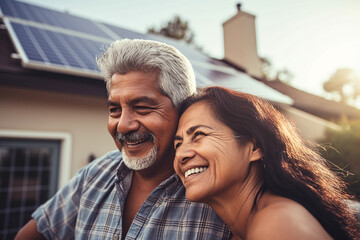 couple next to the house with solar panels - obrazy, fototapety, plakaty