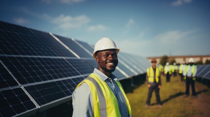 African engineer outdoor in the solar energy park, successful in green innovation investment.