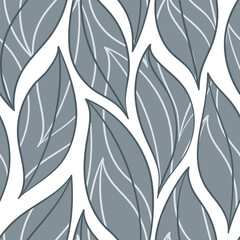 Grey leaves seamless vector pattern. Watercolor tea leaf background, textured jungle print