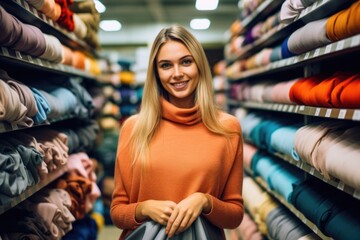 Fototapeta na wymiar beautiful attractive smiling woman standing in clothes store holding shopping bags . AI Generated
