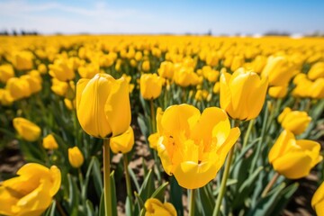 closeup of a field full of yellow tulips